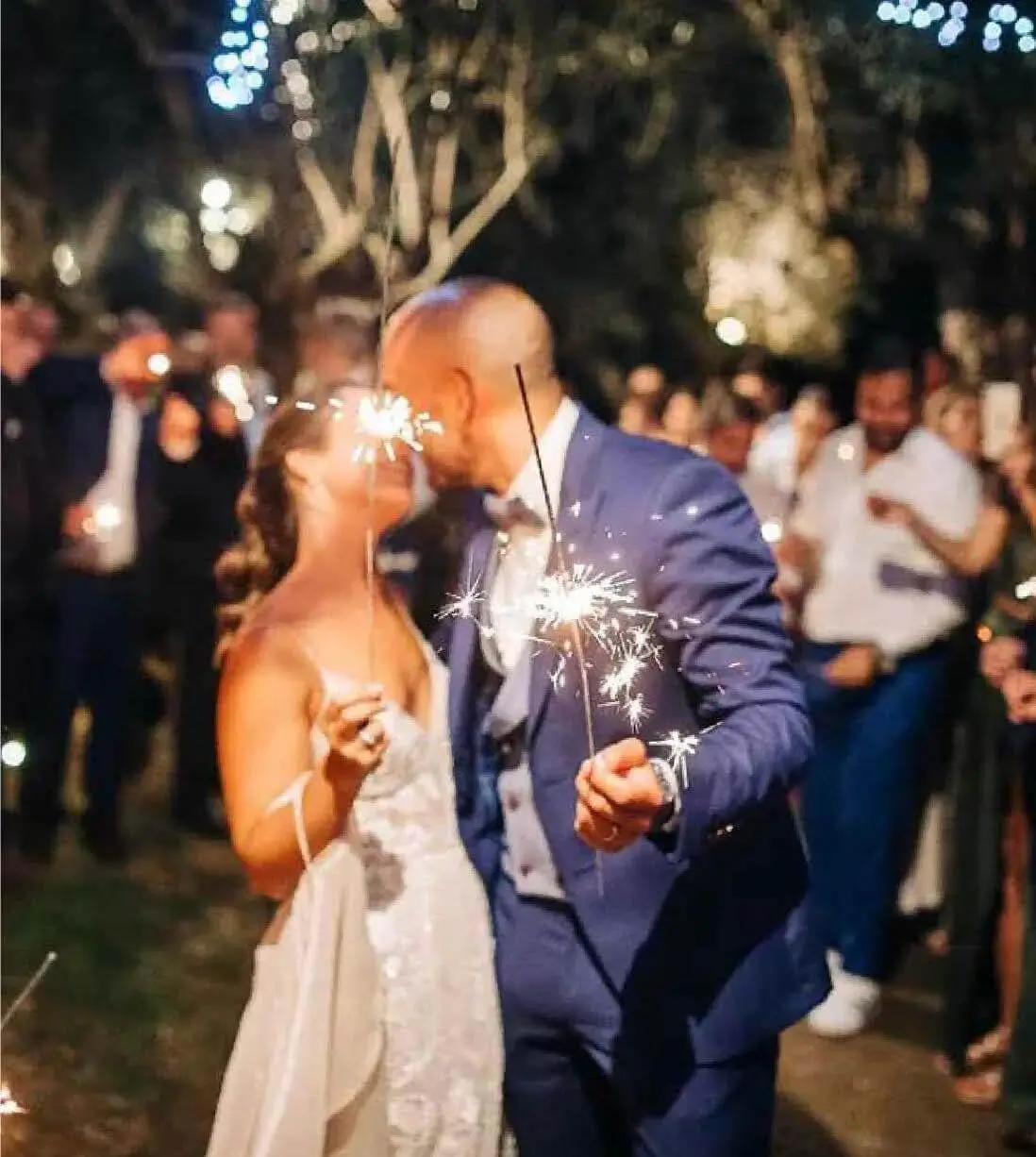 Casal de noivos a celebrar com sparkles rodeados de convidados, representando os packs personalizados da Joca Animação.